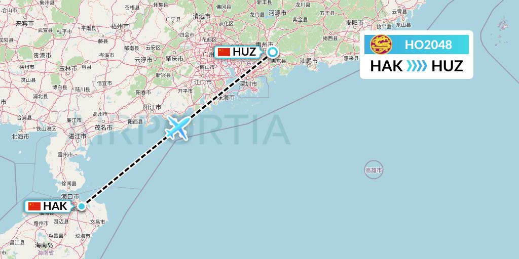 HO2048 Juneyao Airlines Flight Map: Haikou to Huizhou