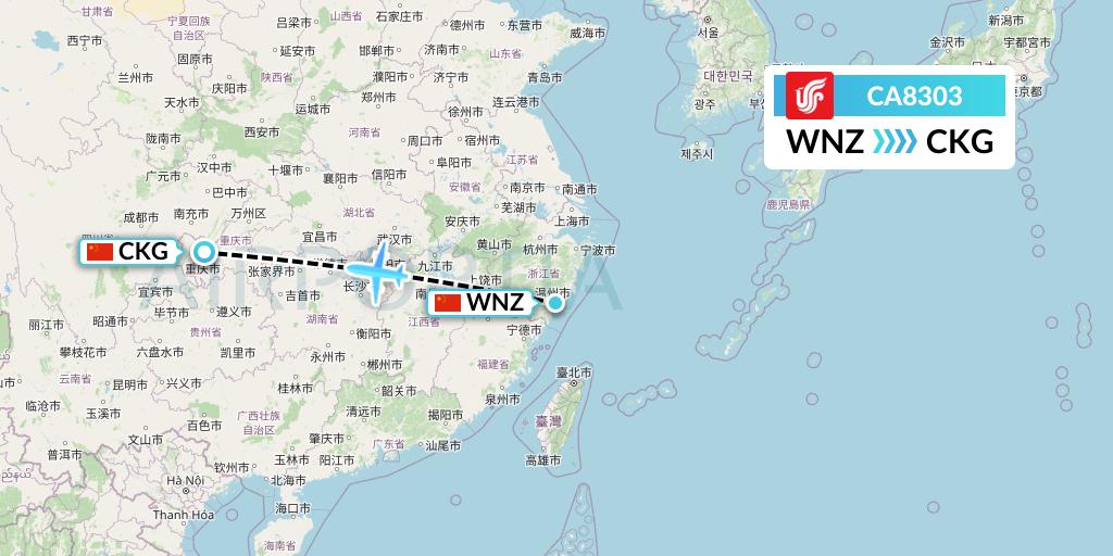 CA8303 Air China Flight Map: Wenzhou to Chongqing