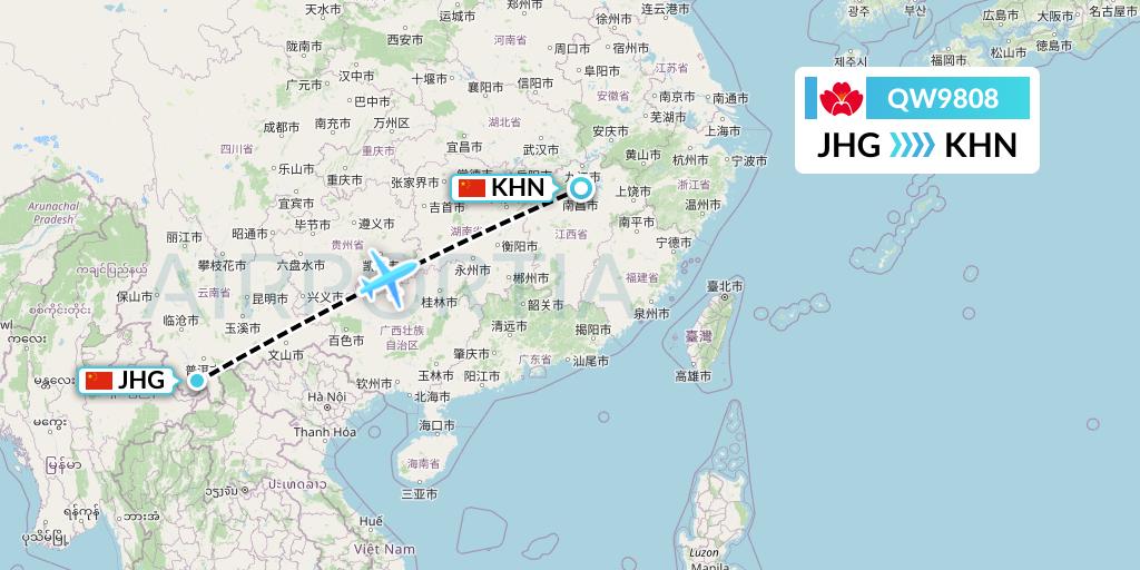 QW9808 Qingdao Airlines Flight Map: Jinghong to Nanchang