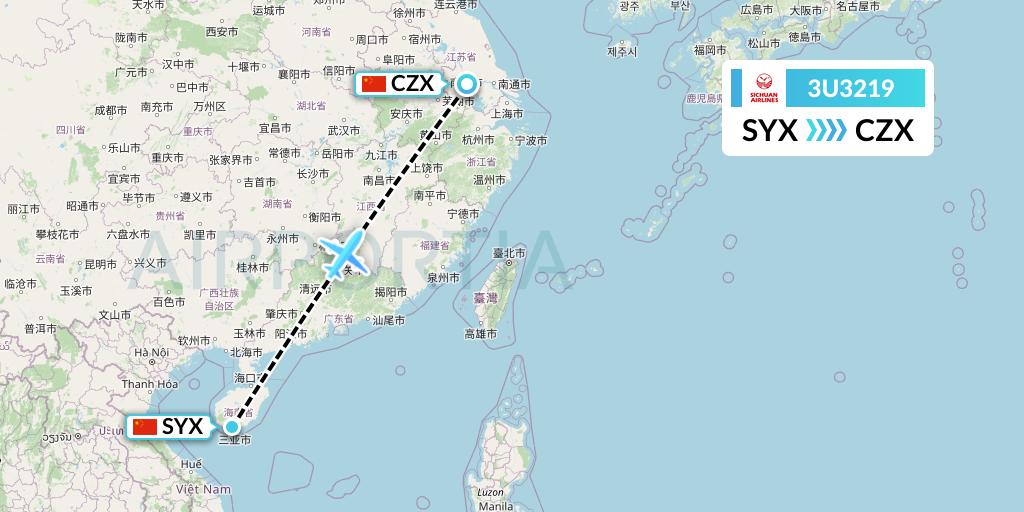 3U3219 Sichuan Airlines Flight Map: Sanya to Changzhou