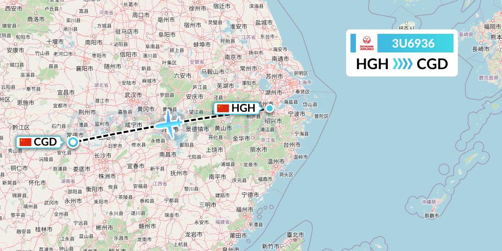 3U6936 Sichuan Airlines Flight Map: Hangzhou to Changde