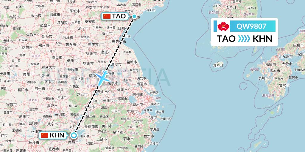 QW9807 Qingdao Airlines Flight Map: Qingdao to Nanchang