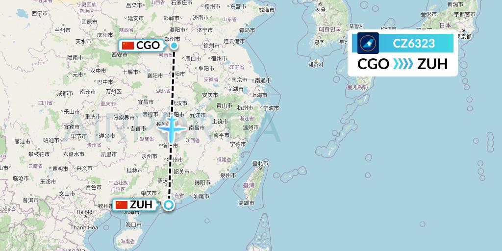 CZ6323 China Southern Airlines Flight Map: Zhengzhou to Zhuhai