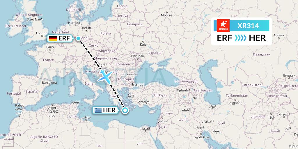 XR314 Corendon Airlines Europe Flight Map: Erfurt to Heraklion