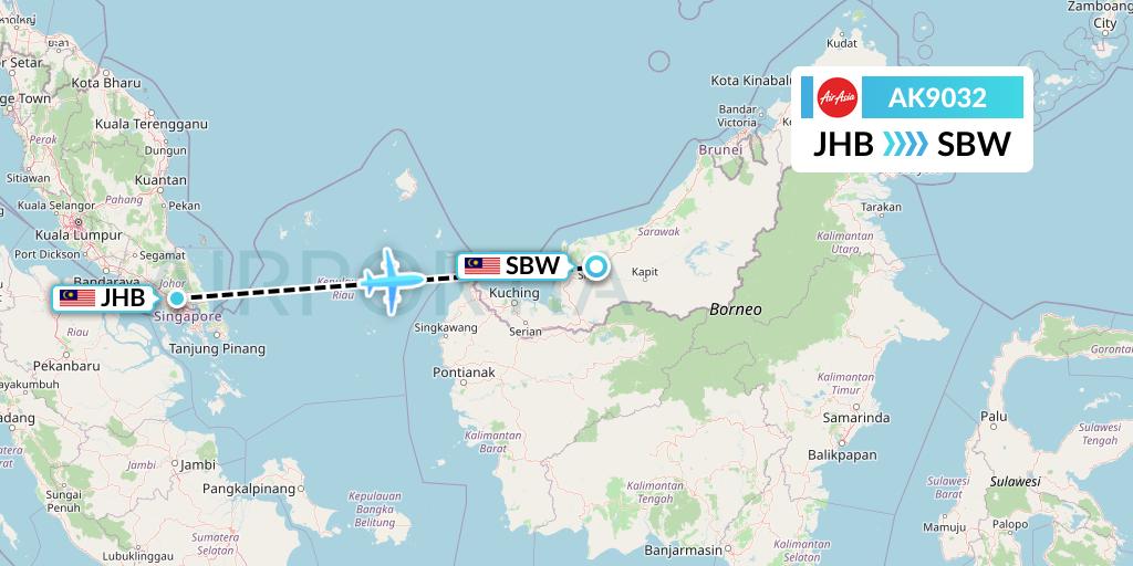 AK9032 AirAsia Flight Map: Johor Bahru to Sibu
