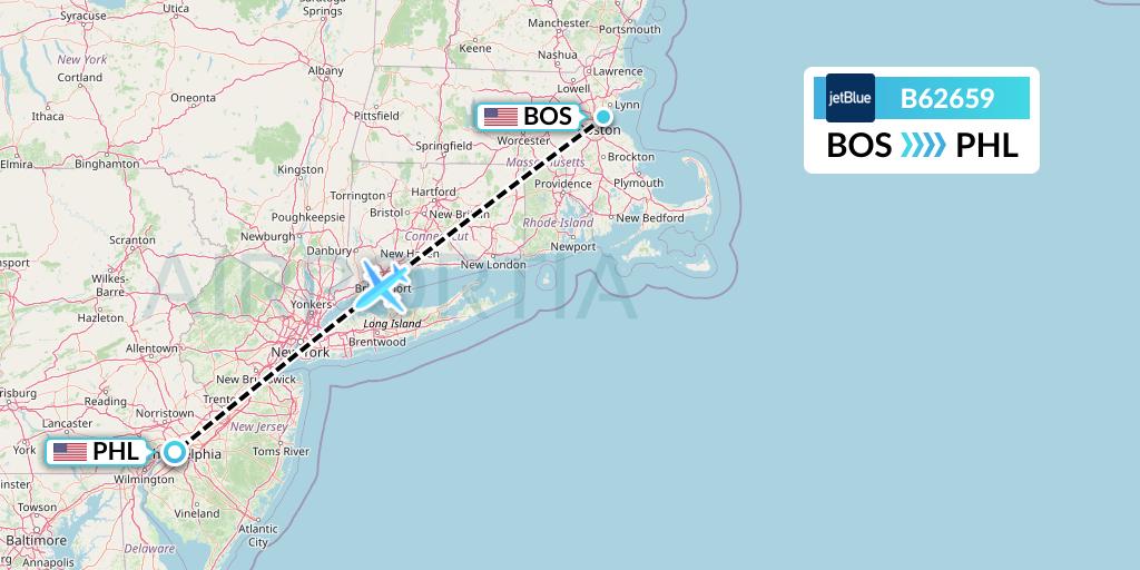 B62659 JetBlue Airways Flight Map: Boston to Philadelphia