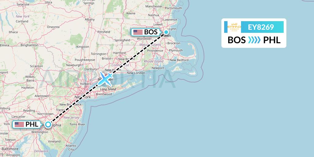EY8269 Etihad Airways Flight Map: Boston to Philadelphia