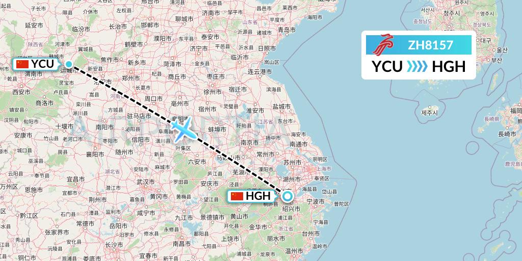 ZH8157 Shenzhen Airlines Flight Map: Yuncheng to Hangzhou