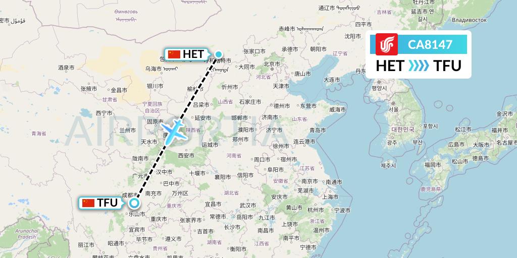 CA8147 Air China Flight Map: Hohhot to Chengdu