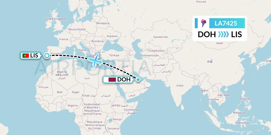 LA7425 LAN Airlines Flight Map: Doha to Lisbon