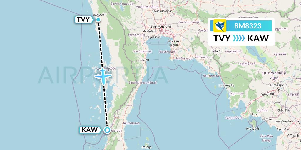 8M8323 Myanmar Airways International Flight Map: Dawei to Kawthaung