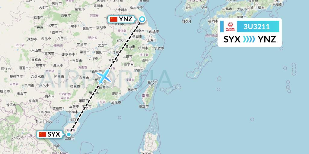 3U3211 Sichuan Airlines Flight Map: Sanya to Yancheng