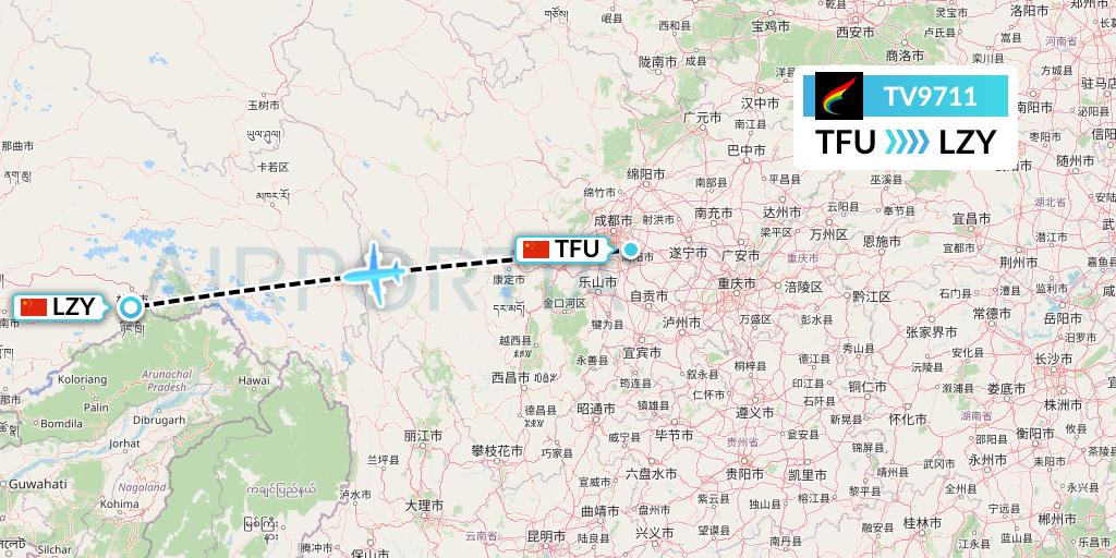 TV9711 Tibet Airlines Flight Map: Chengdu to Nyingchi