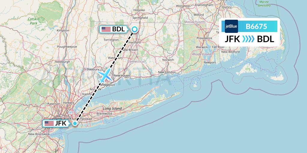 B6675 JetBlue Airways Flight Map: New York to Windsor Locks
