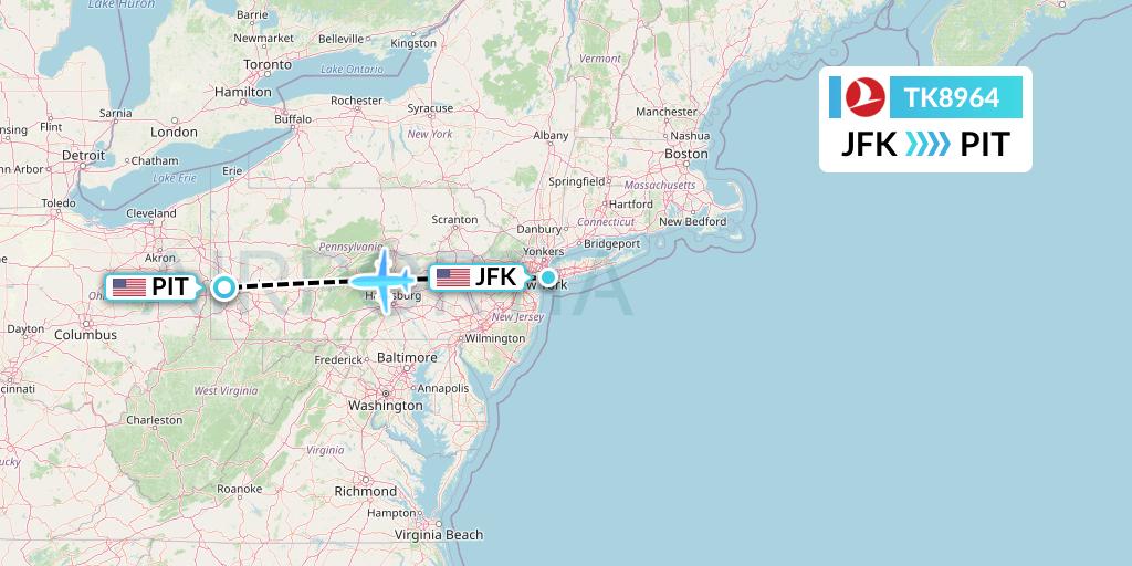 TK8964 Turkish Airlines Flight Map: New York to Pittsburgh