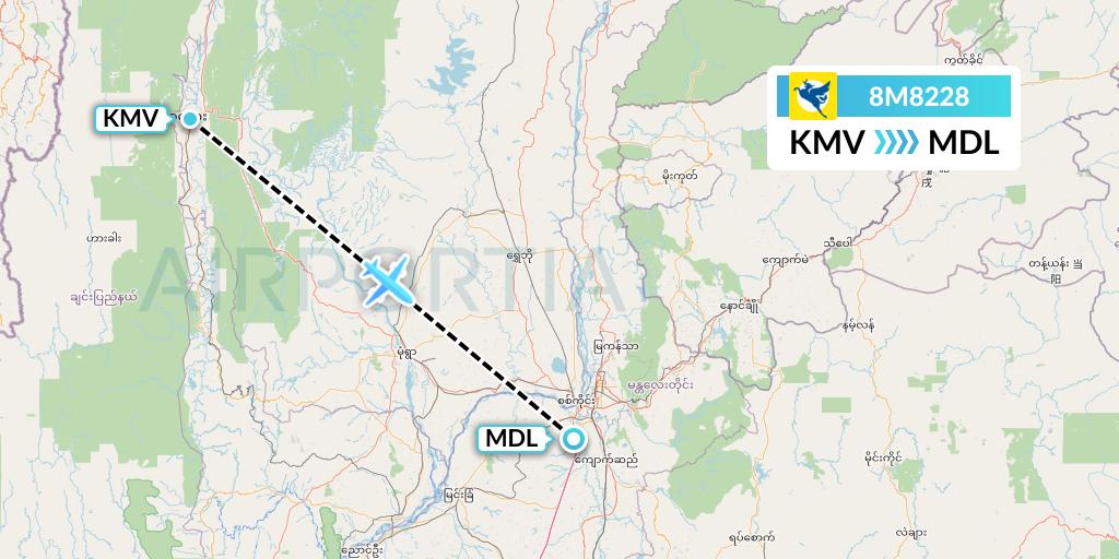 8M8228 Myanmar Airways International Flight Map: Kalemyo to Mandalay
