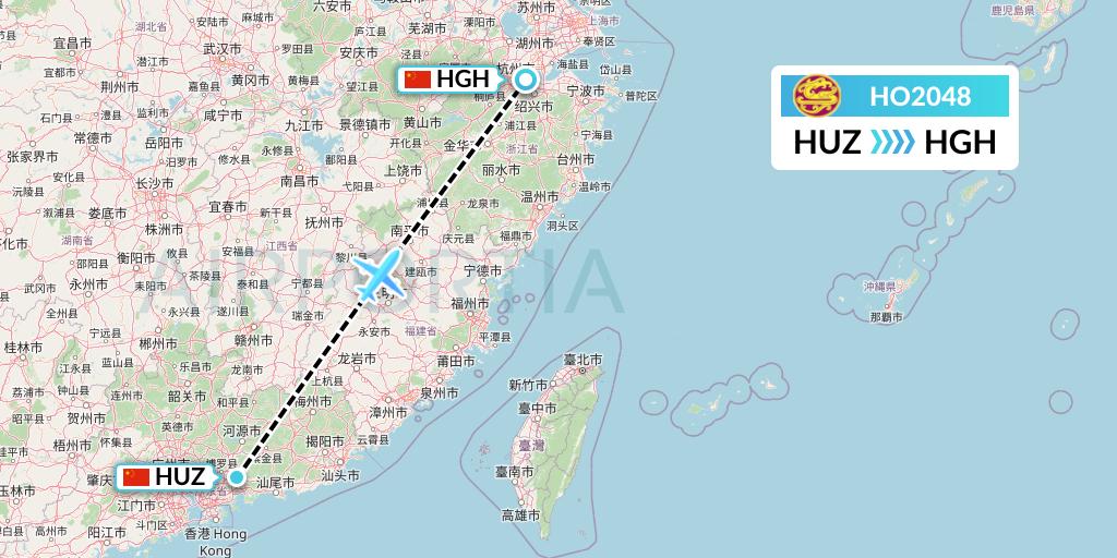 HO2048 Juneyao Airlines Flight Map: Huizhou to Hangzhou