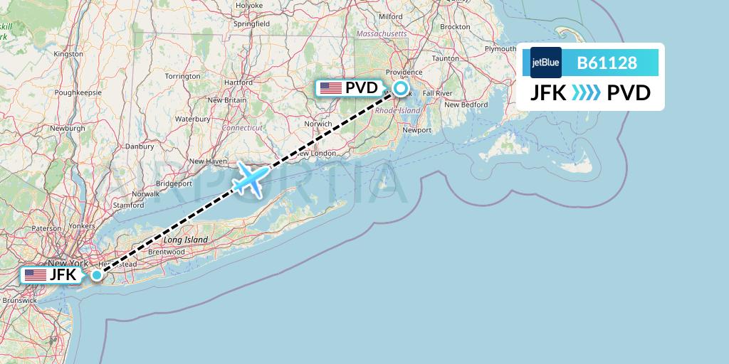 B61128 JetBlue Airways Flight Map: New York to Providence