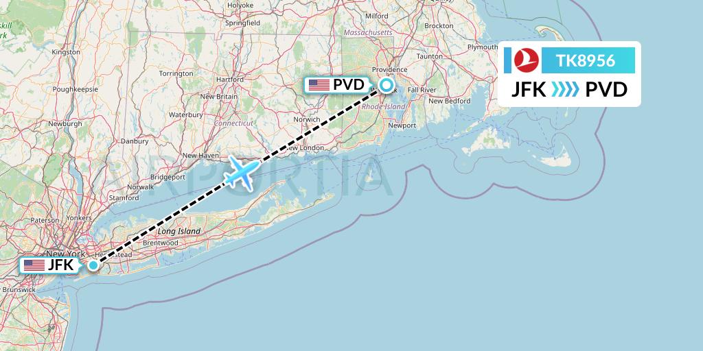 TK8956 Turkish Airlines Flight Map: New York to Providence