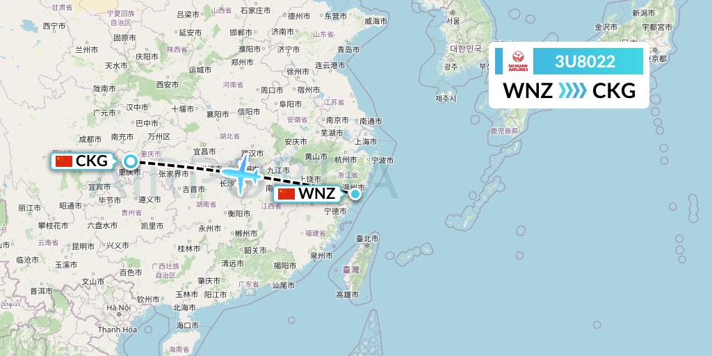 3U8022 Sichuan Airlines Flight Map: Wenzhou to Chongqing