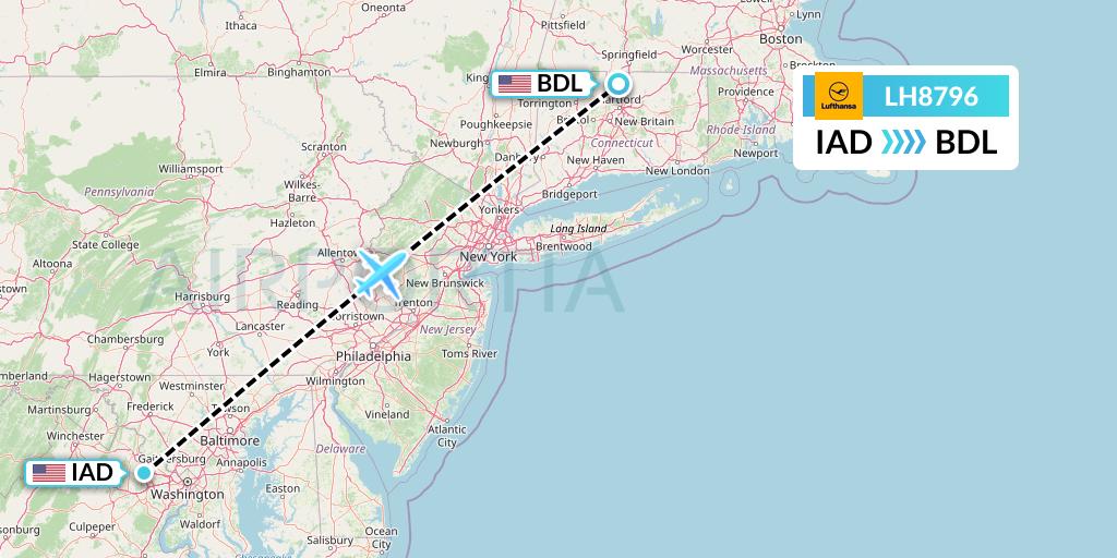 LH8796 Lufthansa Flight Map: Washington to Windsor Locks