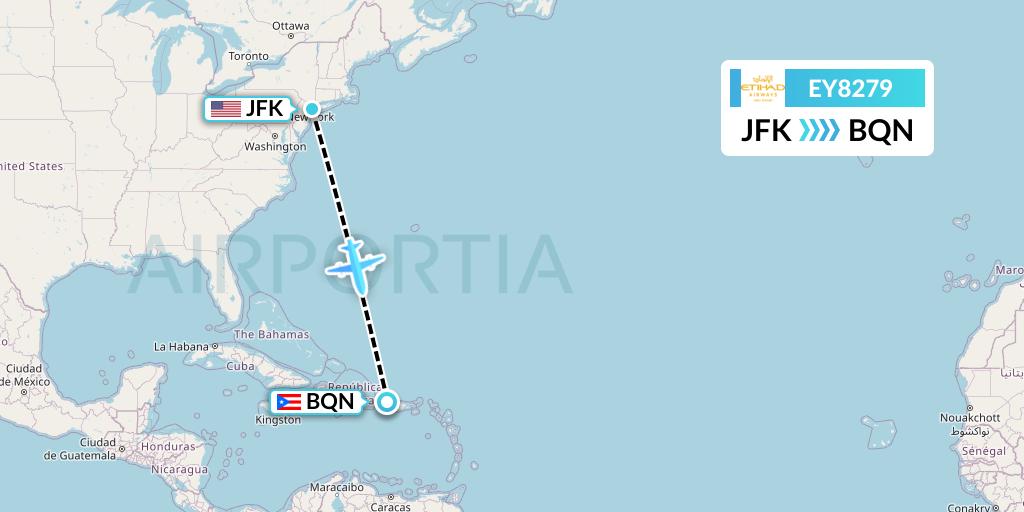 EY8279 Etihad Airways Flight Map: New York to Aguadilla
