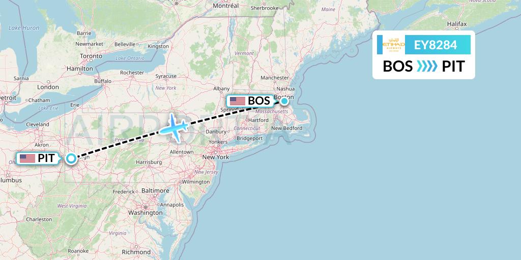 EY8284 Etihad Airways Flight Map: Boston to Pittsburgh