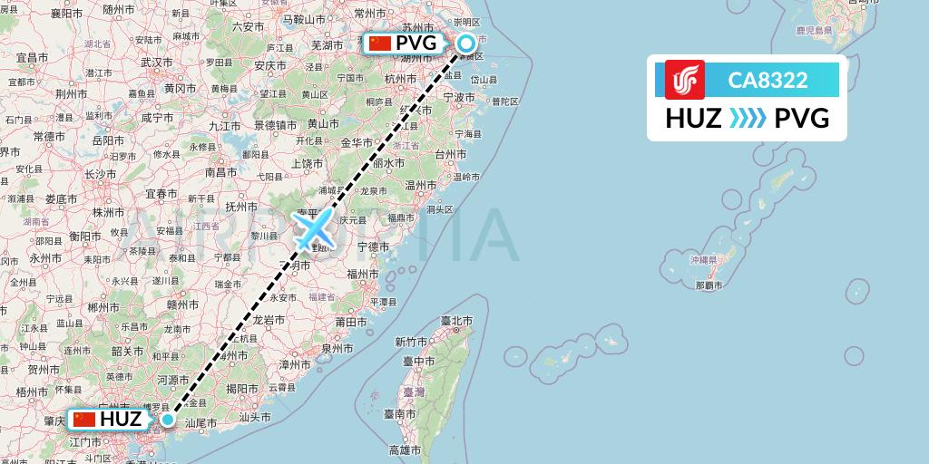 CA8322 Air China Flight Map: Huizhou to Shanghai