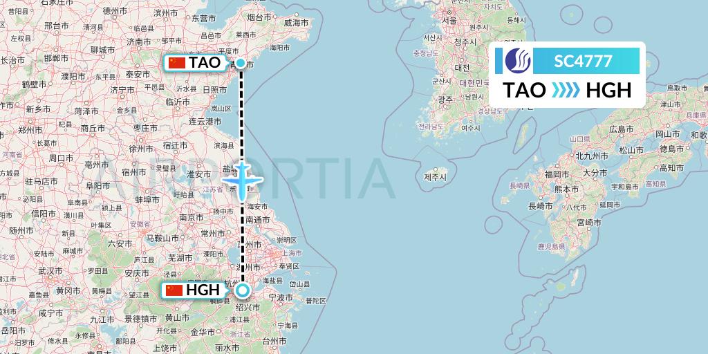 SC4777 Shandong Airlines Flight Map: Qingdao to Hangzhou