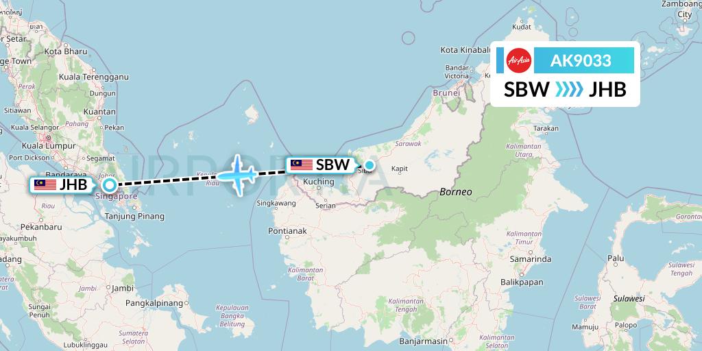 AK9033 AirAsia Flight Map: Sibu to Johor Bahru