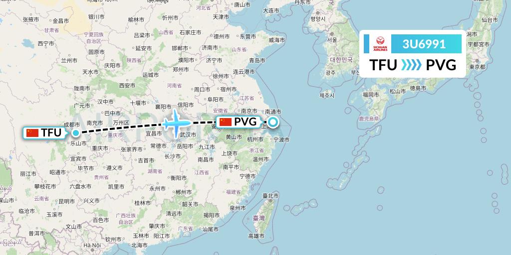 3U6991 Sichuan Airlines Flight Map: Chengdu to Shanghai
