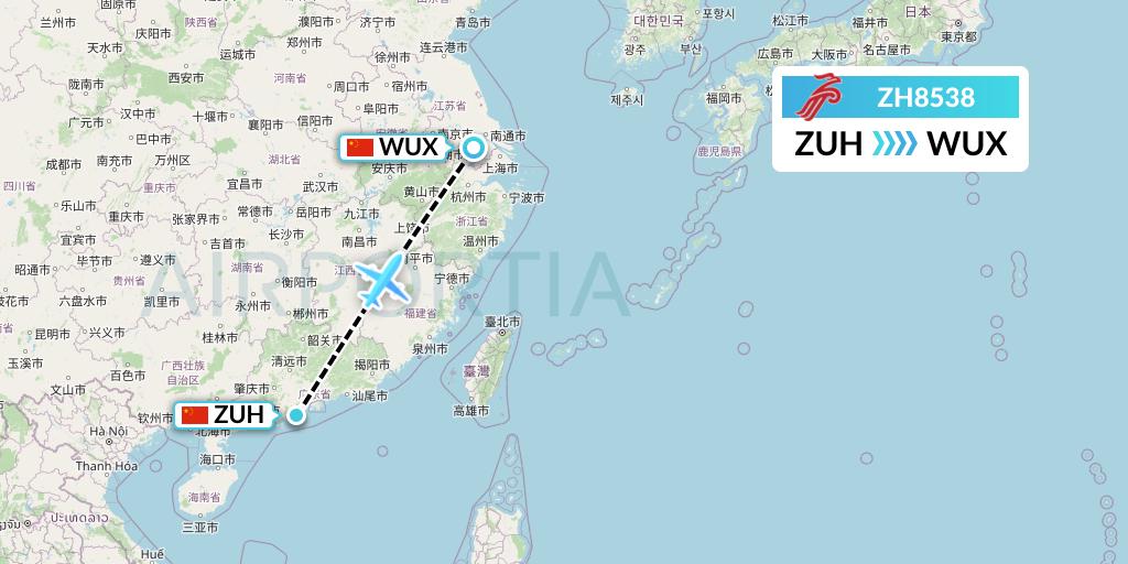 ZH8538 Shenzhen Airlines Flight Map: Zhuhai to Wuxi
