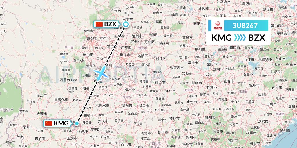 3U8267 Sichuan Airlines Flight Map: Kunming to Guangyuan
