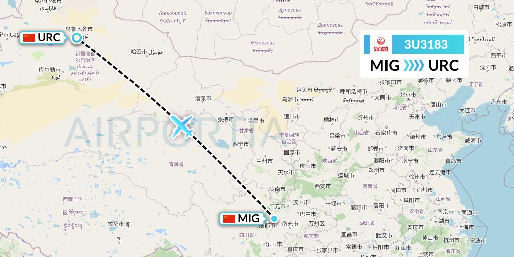 3U3183 Sichuan Airlines Flight Map: Mianyang to Urumqi