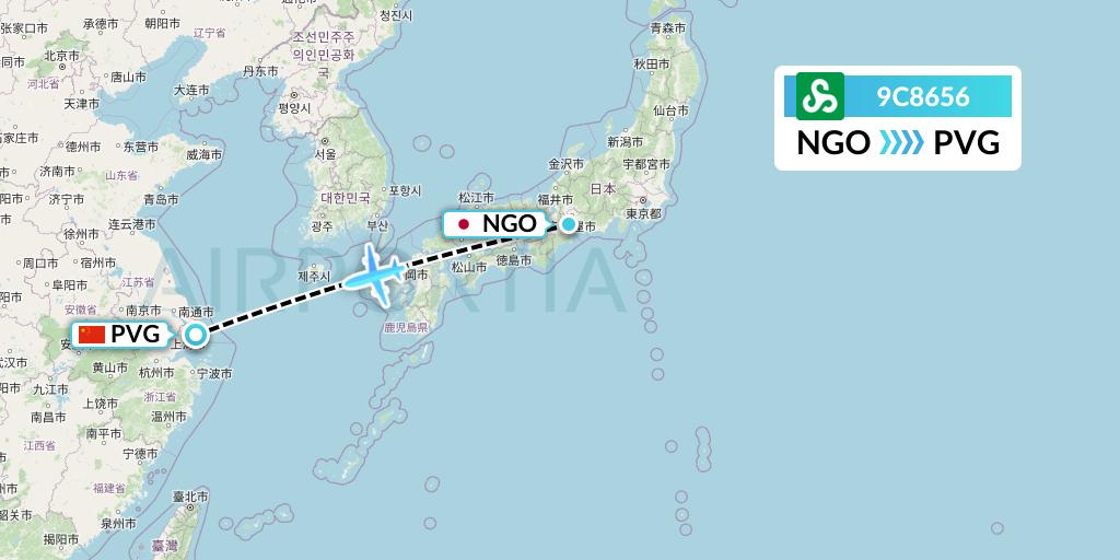 9C8656 Spring Airlines Flight Map: Nagoya to Shanghai