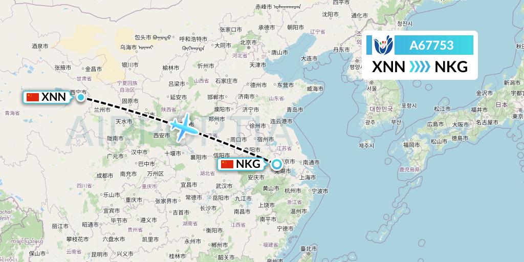 A67753 Hongtu Airlines Flight Map: Xining to Nanjing