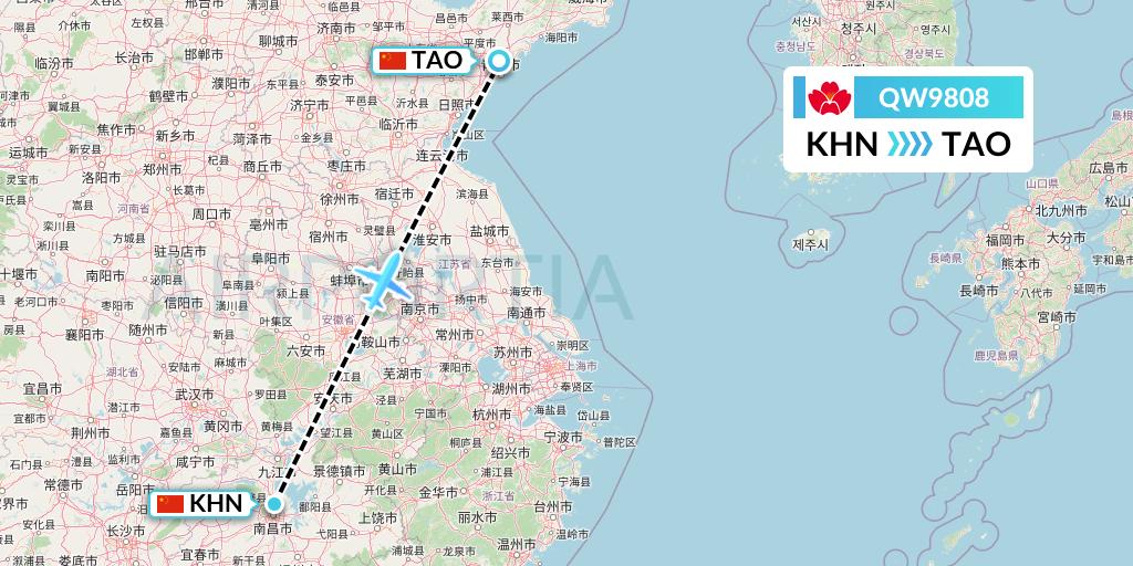 QW9808 Qingdao Airlines Flight Map: Nanchang to Qingdao