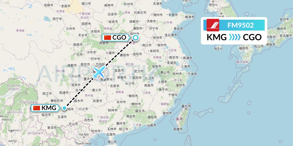 FM9502 Shanghai Airlines Flight Map: Kunming to Zhengzhou