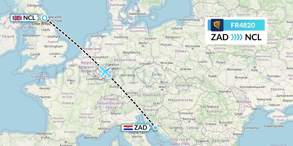 FR4820 Ryanair Flight Map: Zadar to Newcastle
