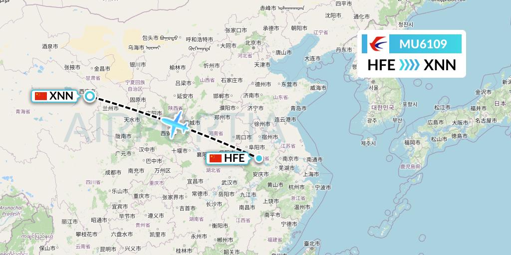 MU6109 China Eastern Airlines Flight Map: Hefei to Xining