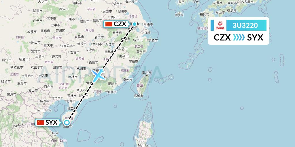 3U3220 Sichuan Airlines Flight Map: Changzhou to Sanya