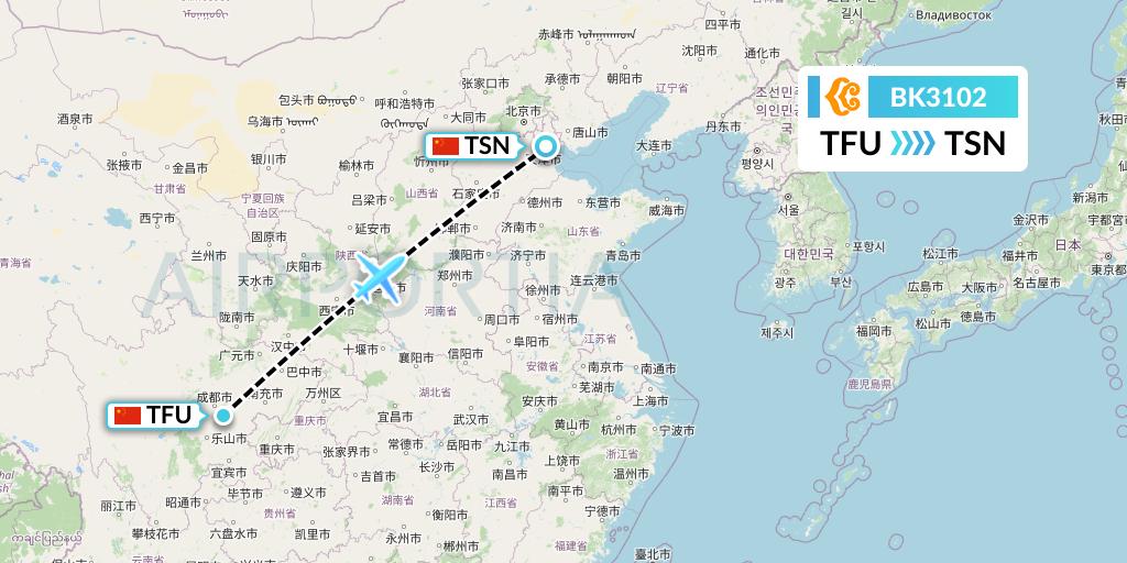 BK3102 Okay Airways Flight Map: Chengdu to Tianjin