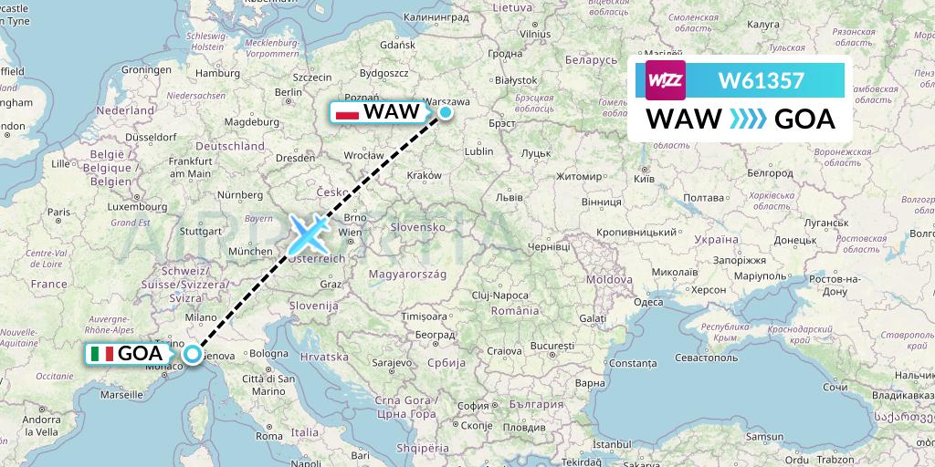 W61357 Wizz Air Flight Map: Warsaw to Genoa