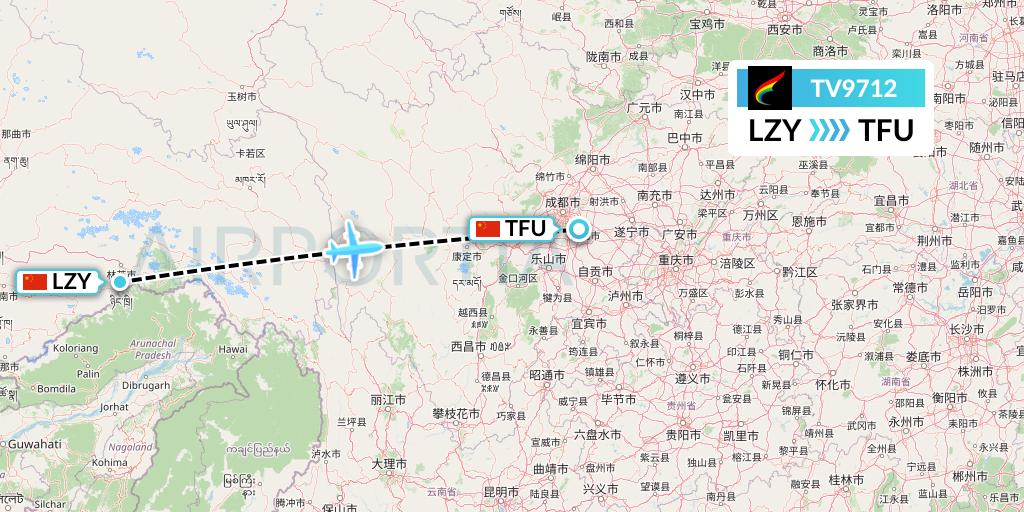 TV9712 Tibet Airlines Flight Map: Nyingchi to Chengdu