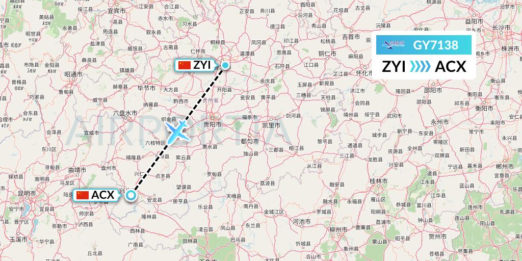 GY7138 Colorful GuiZhou Airlines Flight Map: Zunyi to Xingyi