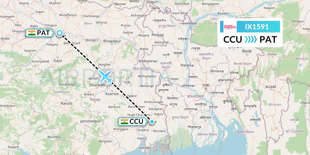 IX1591 Air India Express Flight Map: Kolkata to Patna