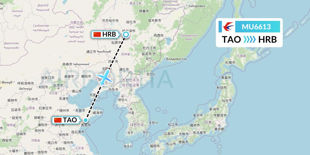 MU6613 China Eastern Airlines Flight Map: Qingdao to Harbin