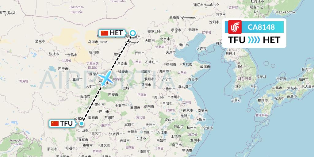 CA8148 Air China Flight Map: Chengdu to Hohhot