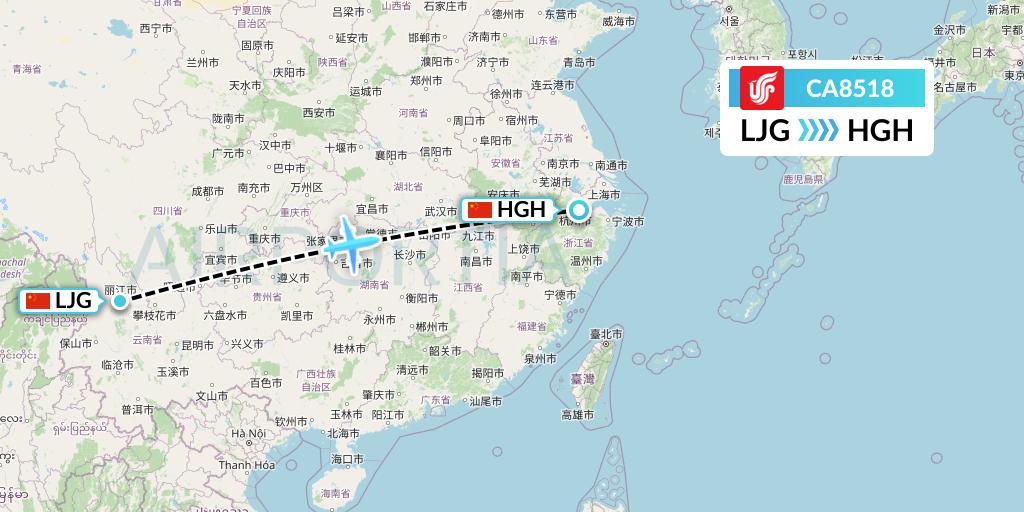 CA8518 Air China Flight Map: Lijiang to Hangzhou