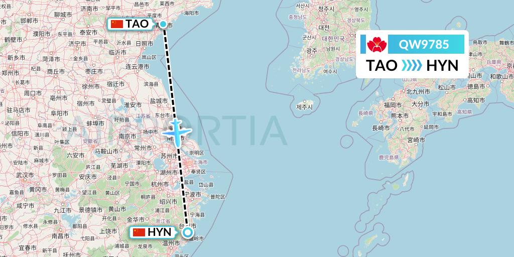QW9785 Qingdao Airlines Flight Map: Qingdao to Huangyan